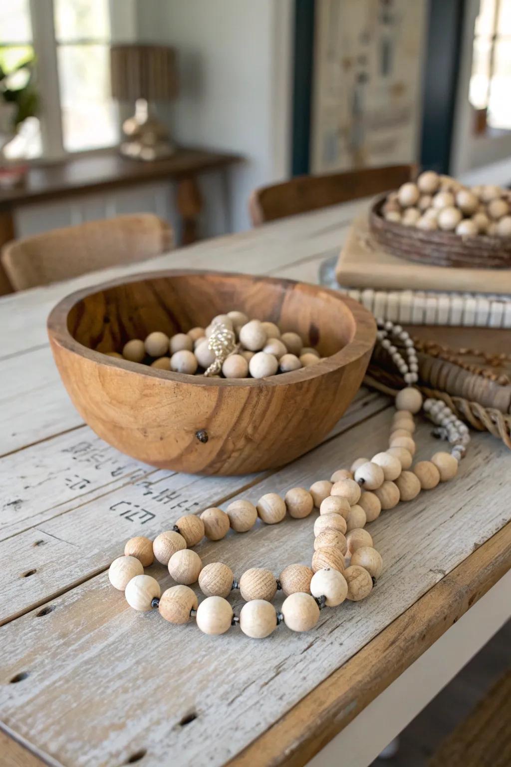 Bead strand nestled in a rustic dish.