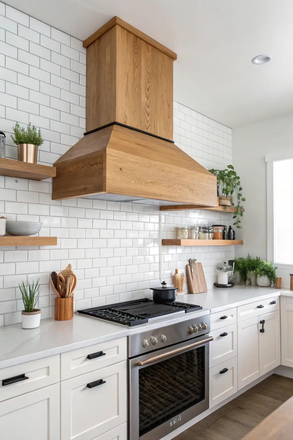 A boxy range hood fits seamlessly into a minimalist farmhouse kitchen.