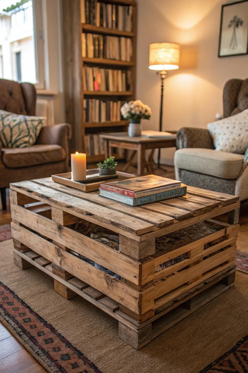 Farmhouse appeal with a container-piled coffee table.