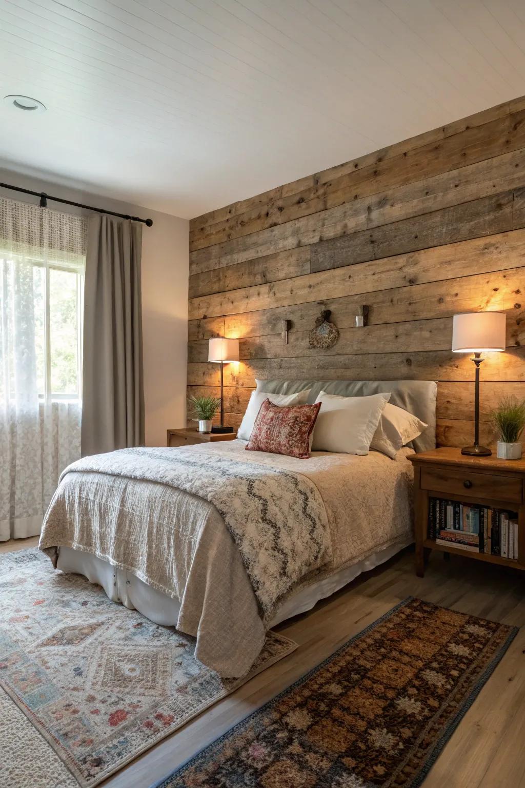 Salvaged timber crafts a comforting and welcoming bedroom setting.