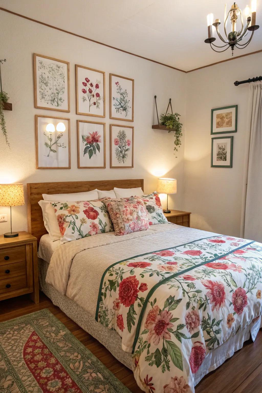 Botanical motifs infusing nature and elegance into the bedroom.
