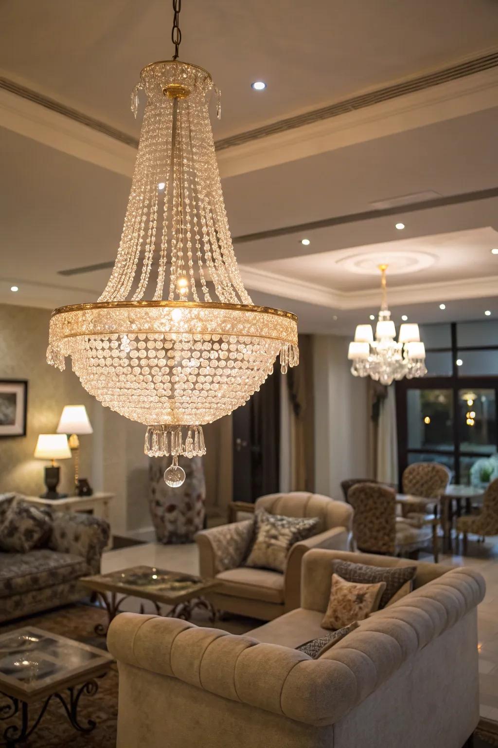 A living room illuminated by a stunning crystal chandelier.