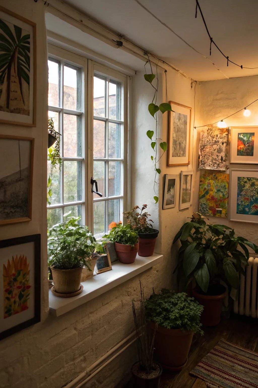 Artwork and vegetation add character and warmth to the window area.