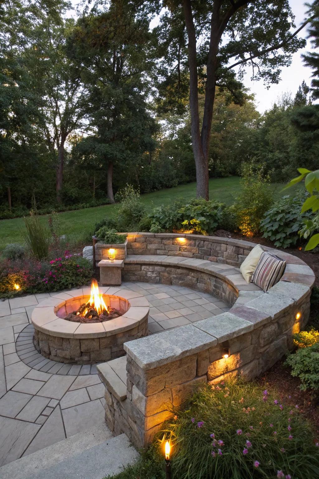 Integrated seating offers a streamlined and unified fire pit arrangement.