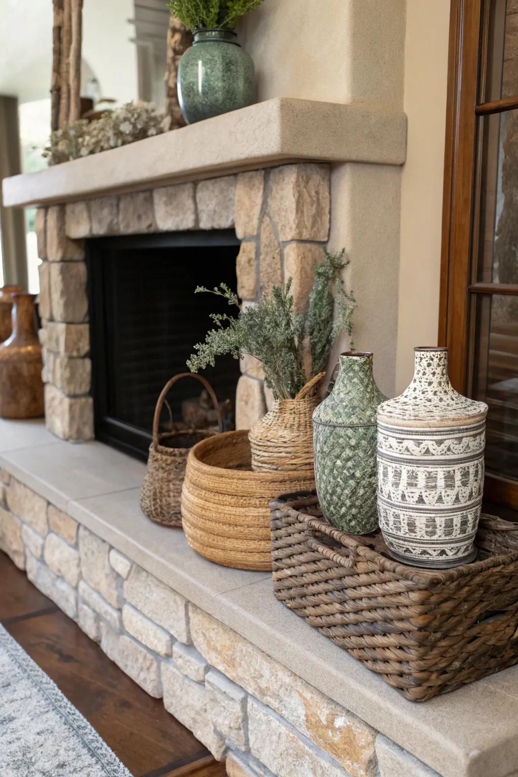 Styled baskets and pots add storage to the fireplace.