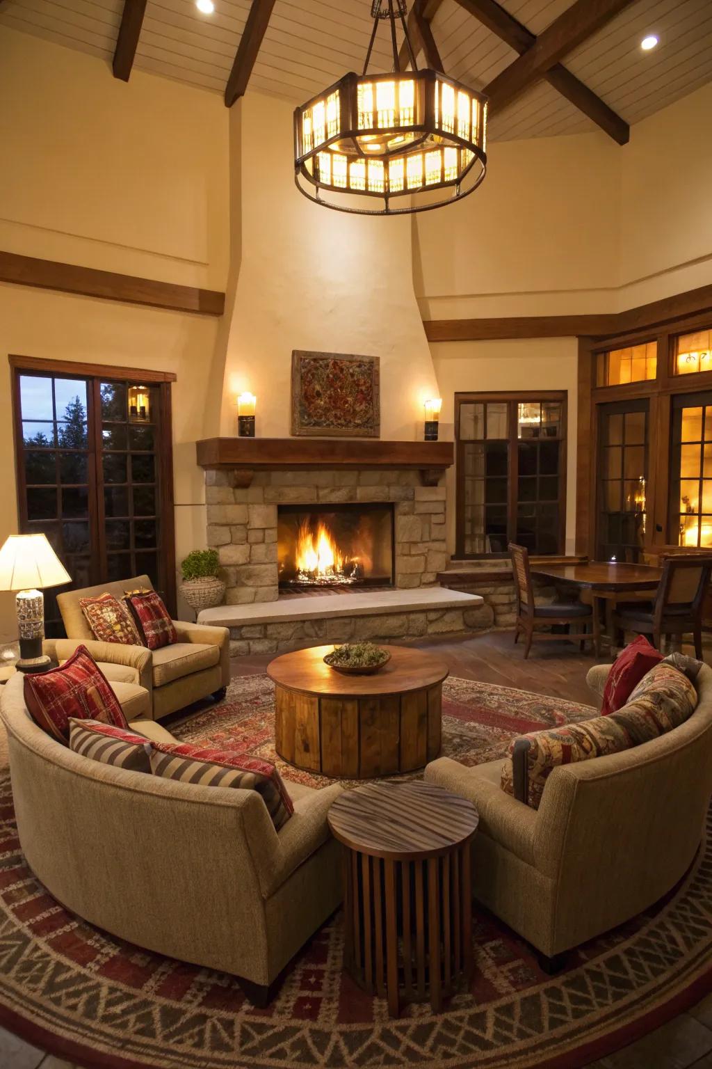 An inviting living space with a central fireplace and a circular seating arrangement.