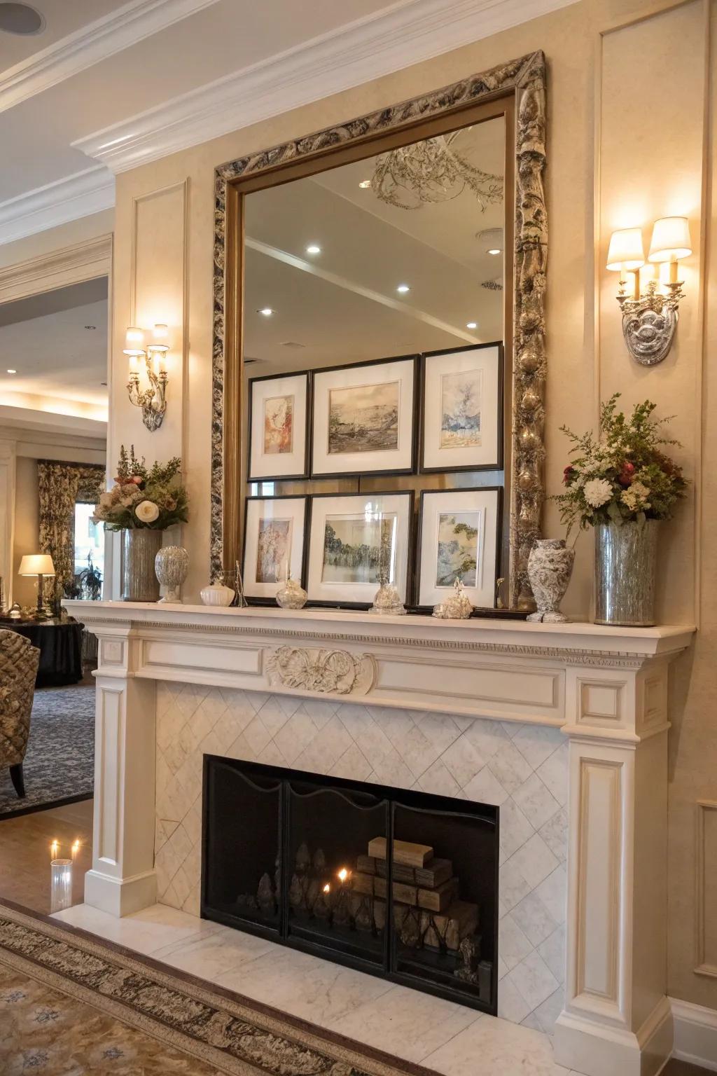 Tiered art and reflectors amplifying the mantel's visual magnetism.