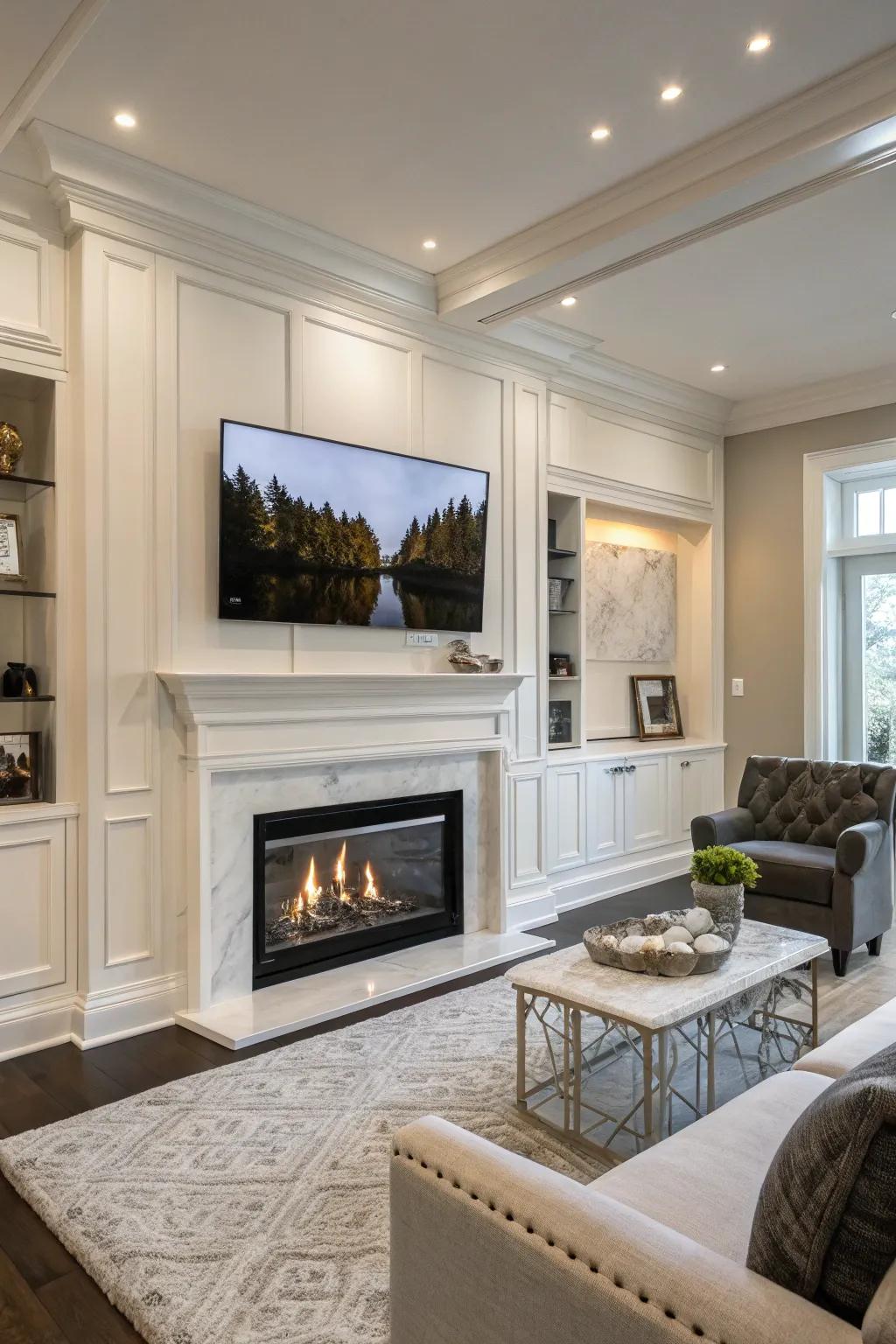 A flawlessly integrated TV above the fireplace provides a contemporary feel.