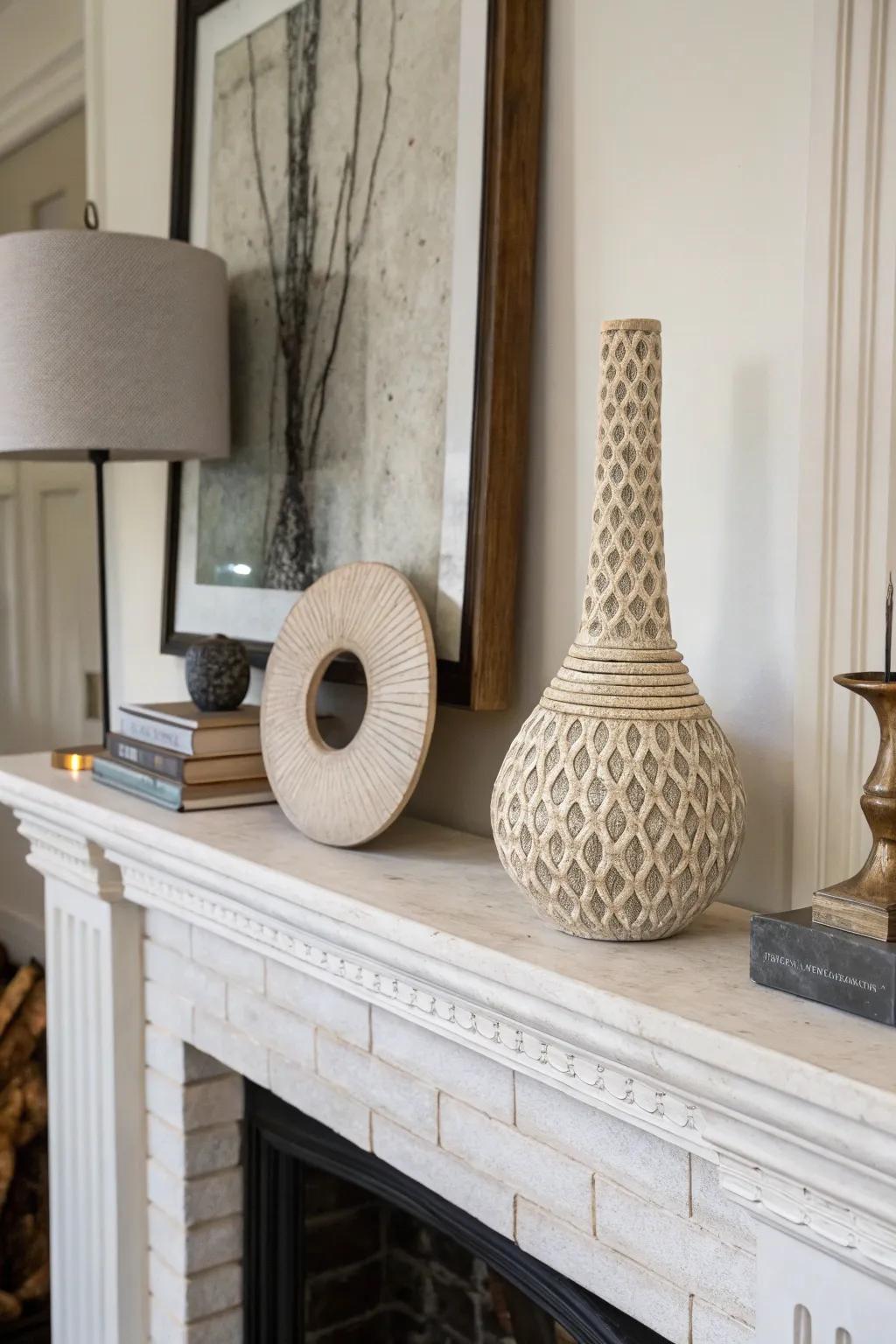 A sculptural piece draws attention and adds an artistic vibe.