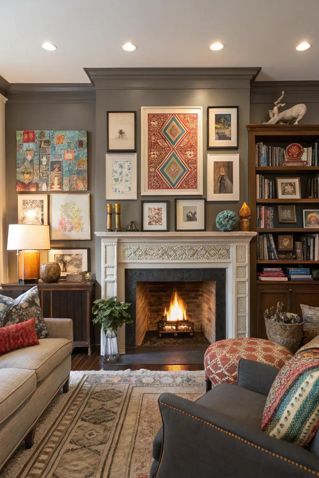 An eclectic living space with a fireplace accentuated by art and ornaments above the mantel.