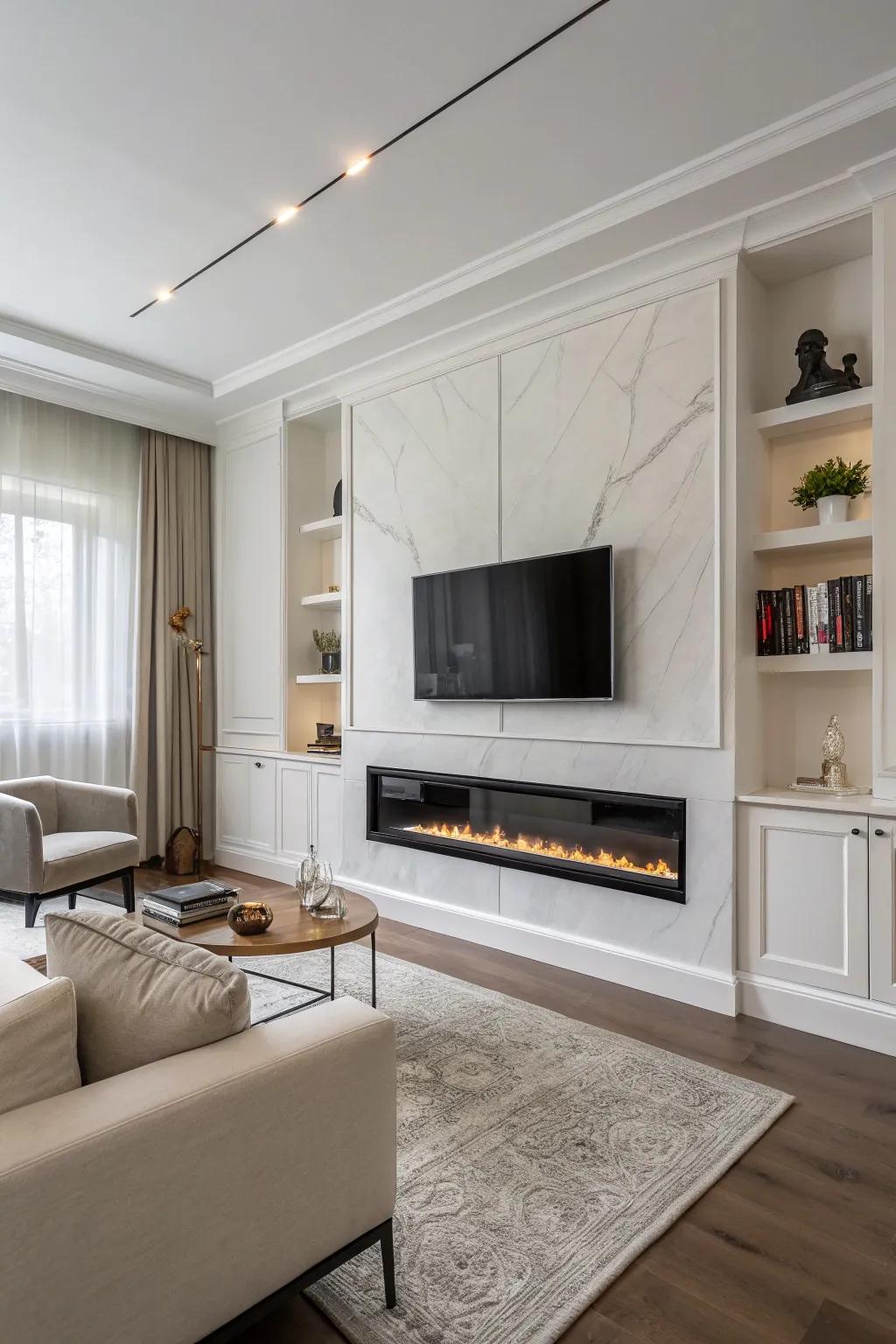 A minimalist living space featuring a sleek fireplace wall and TV.