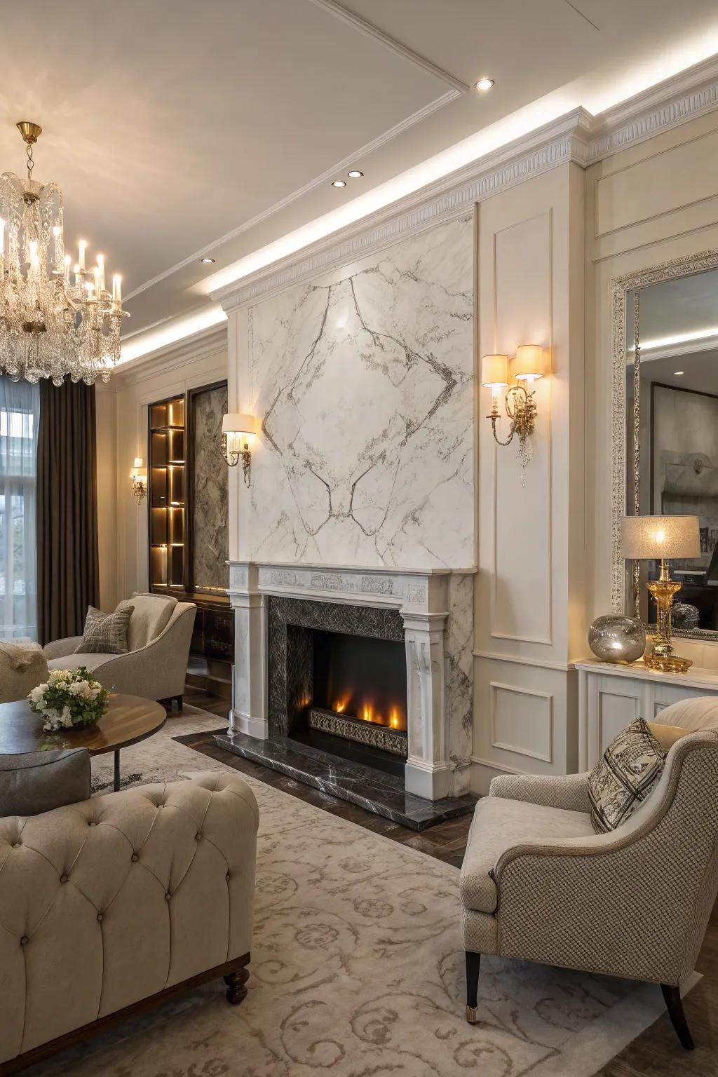 Marble elegance displayed in its ultimate state through this breathtaking fireplace wall.