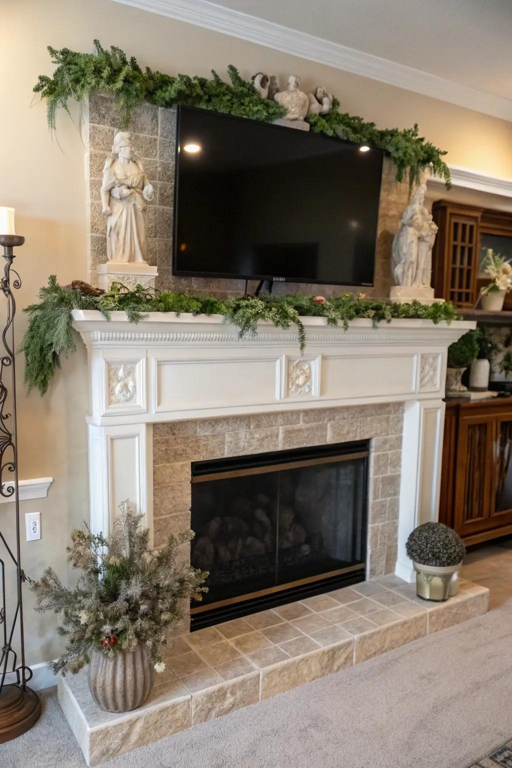 A mantel decorated with greenery and statues under a TV.