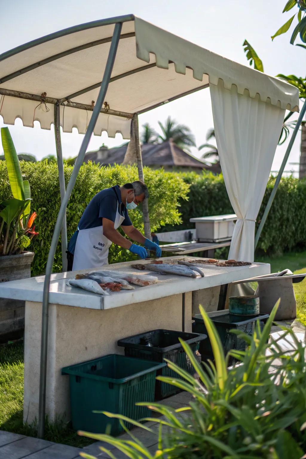 A weather-resistant covering keeps you dry as you work.