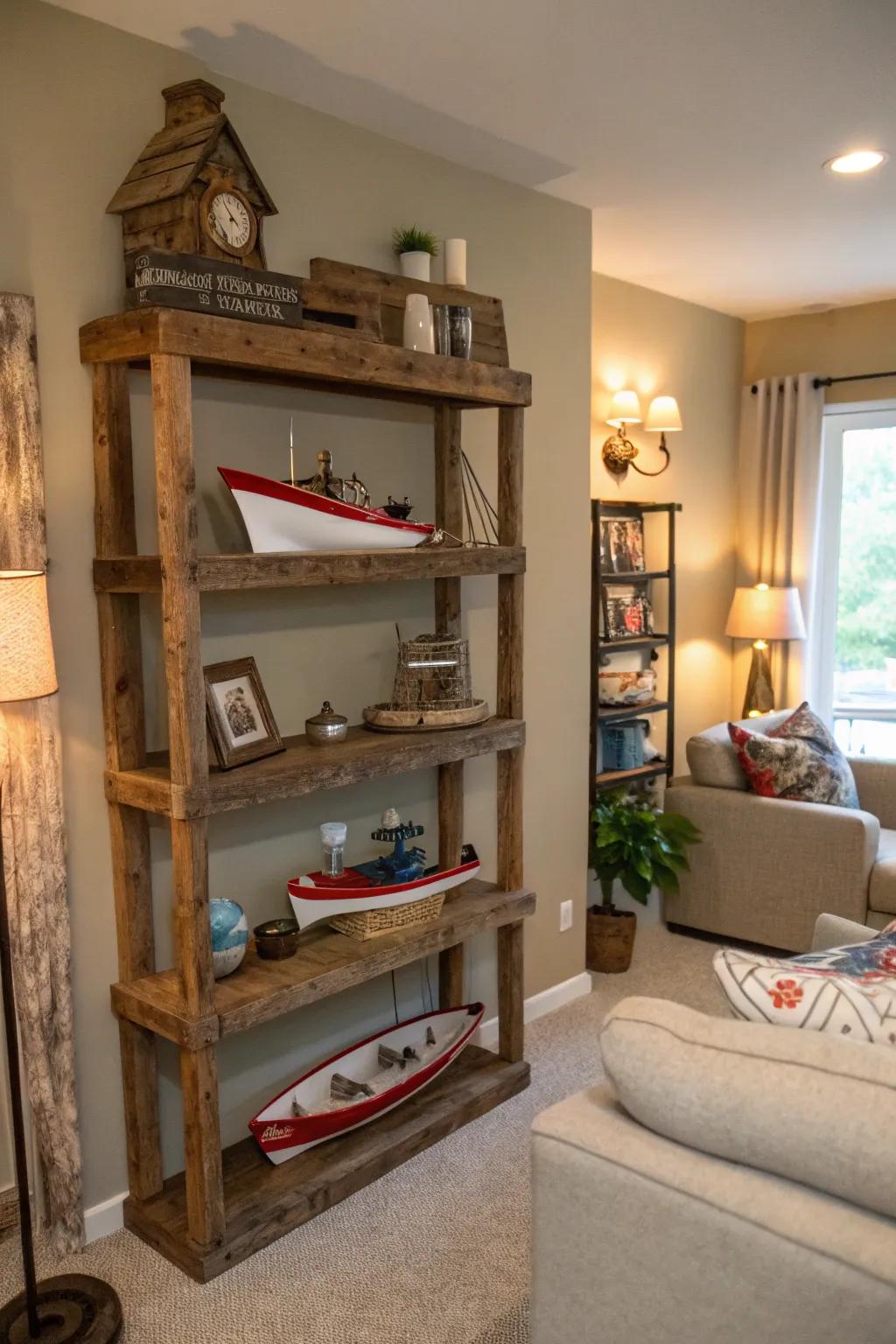 Recycled timber racks perfectly feature fishing decor.