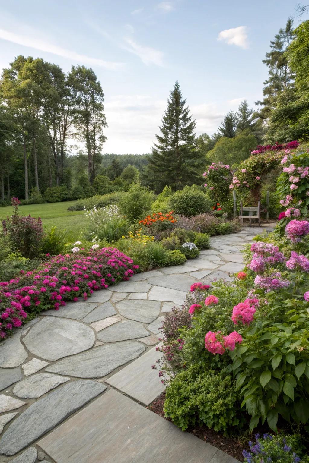 A colorful flagstone patio nestled within a lush natural setting.
