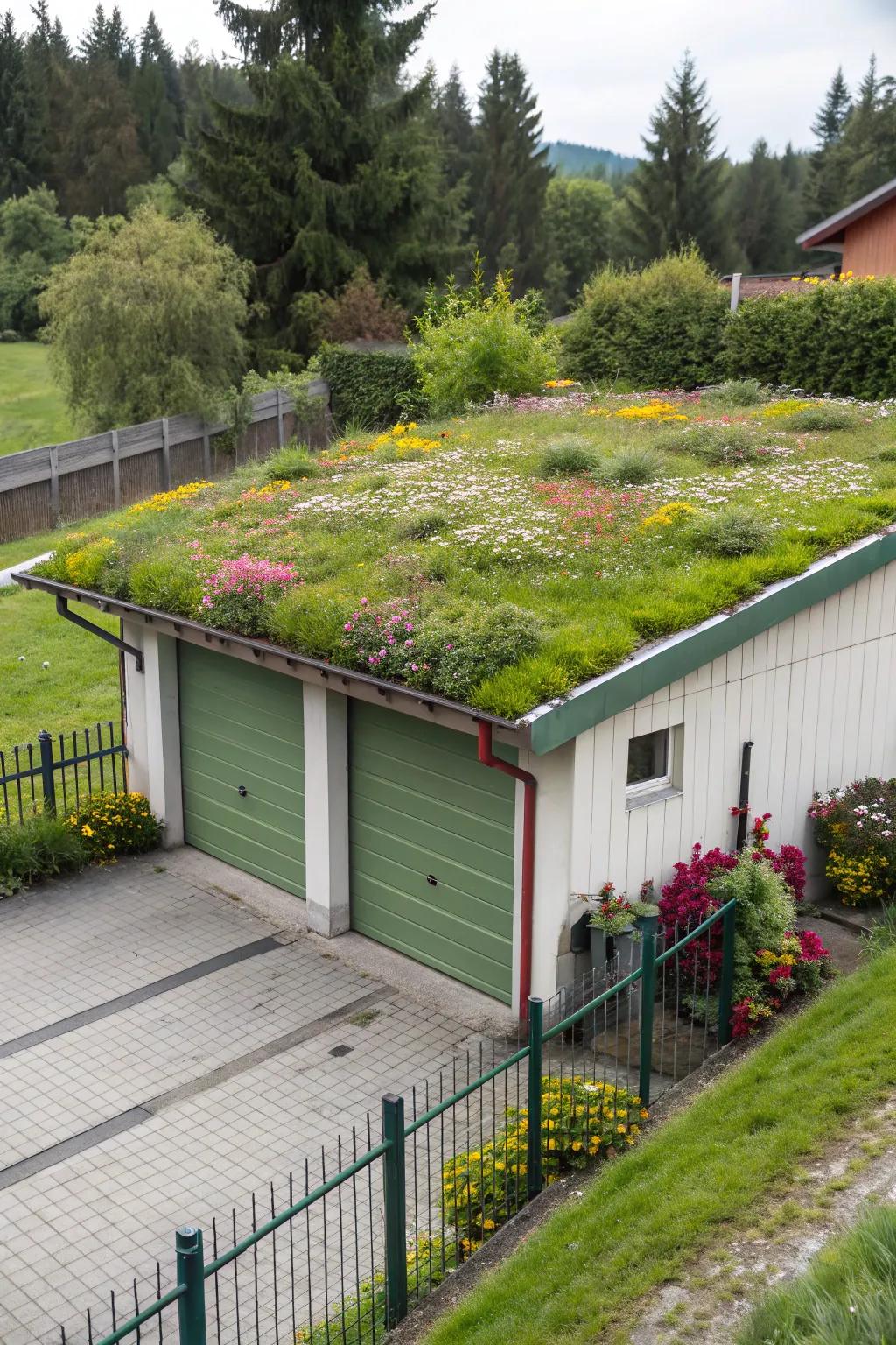 A verdant canopy over a flat roof garage boosts sustainability and looks.