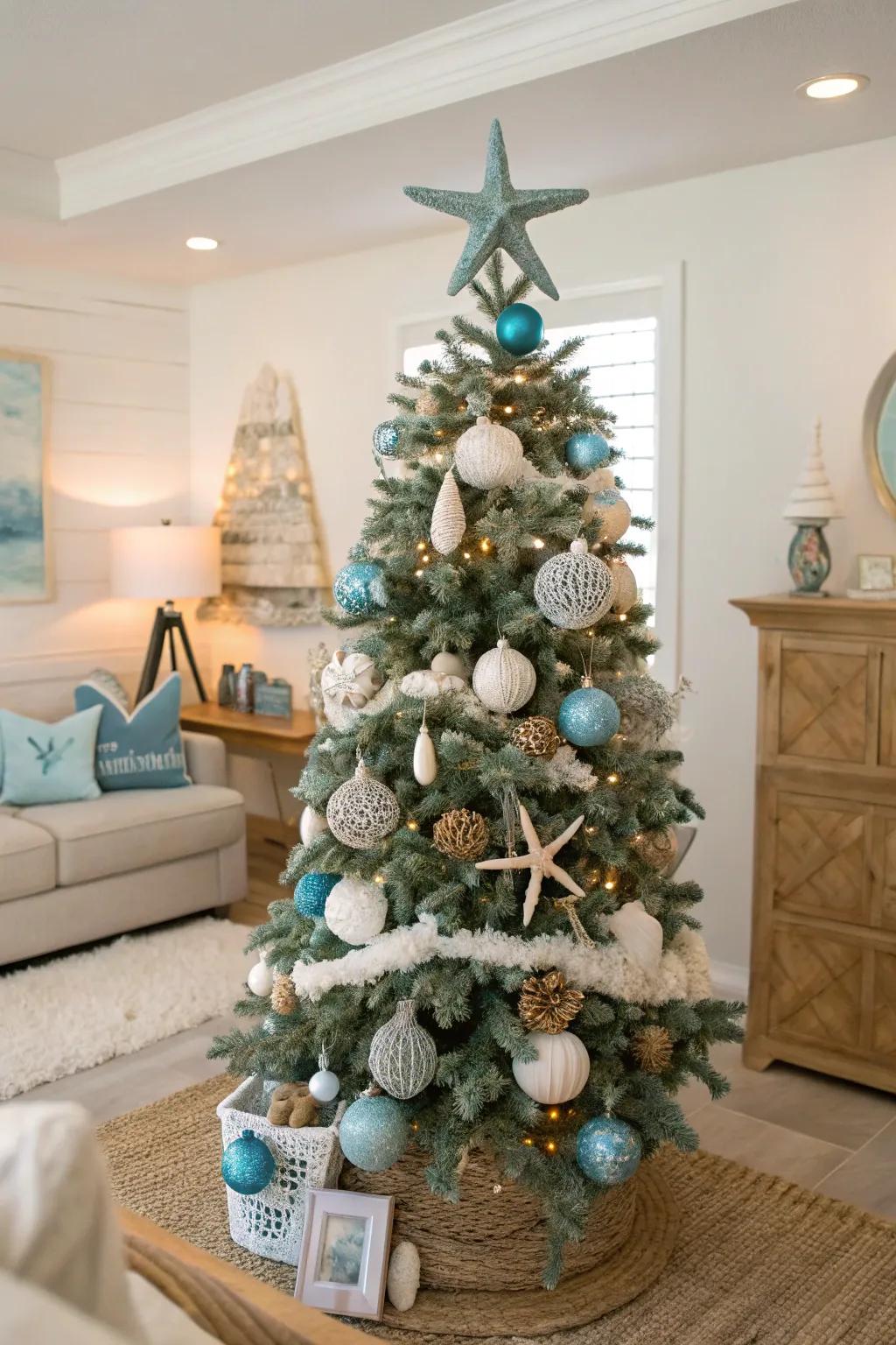 A seaside-themed flocked Christmas tree with sea-inspired adornments.