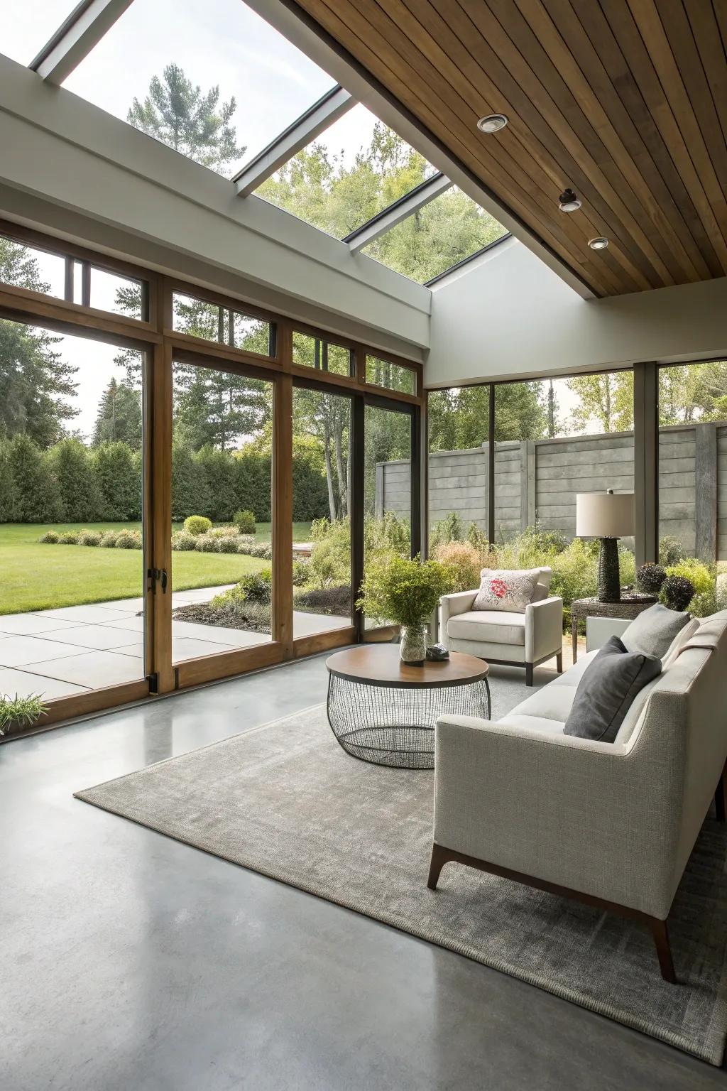 An urban sleek sunroom featuring concrete flooring.