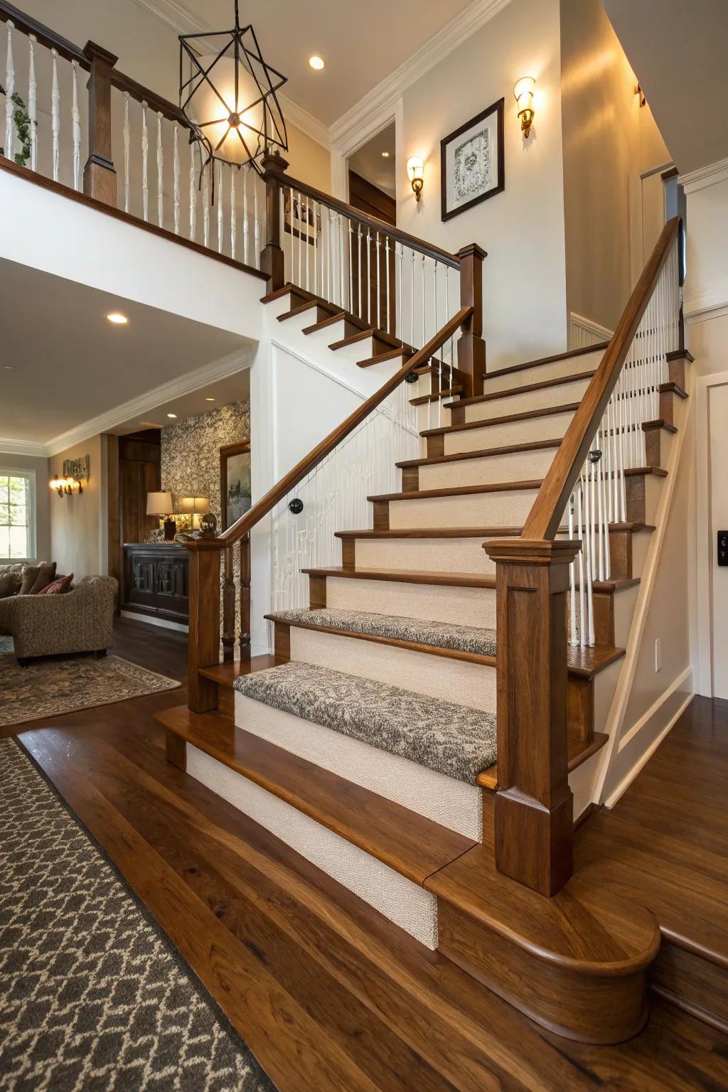 Uniting wood and carpeting on staircases delivers a singular and stylish presentation.