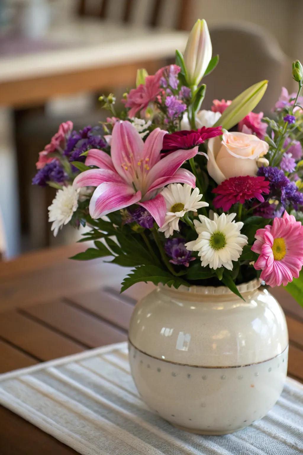 A floral centerpiece in a ceramic pot on a table.