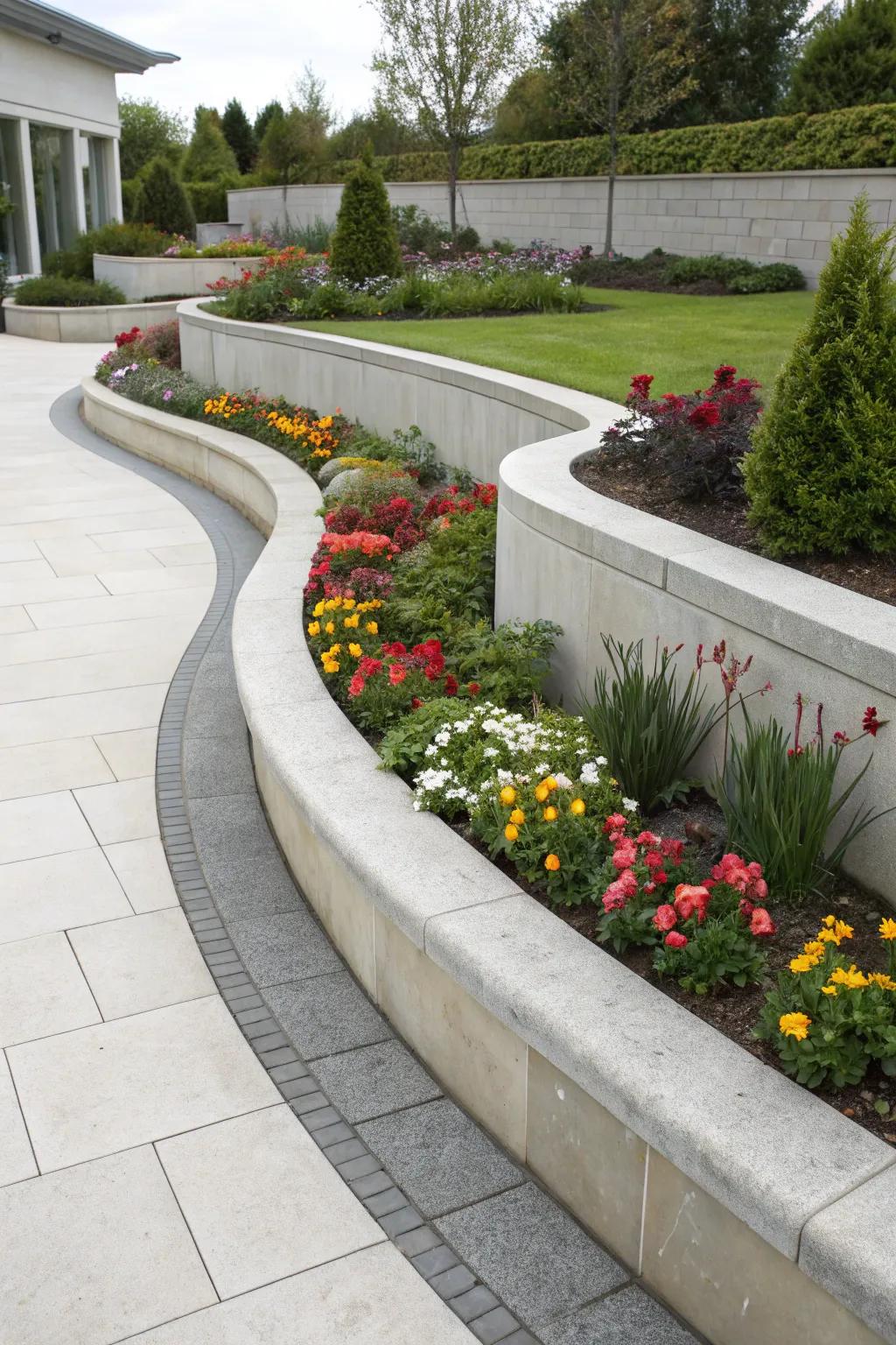 Contoured concrete boundaries introduce a modern twist to flower beds.