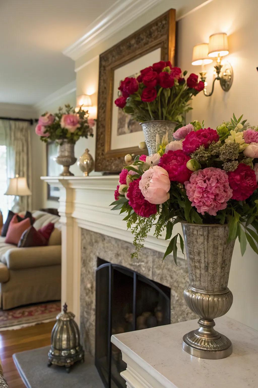 Seasonal blossoms deliver a refreshing touch to your fireplace.