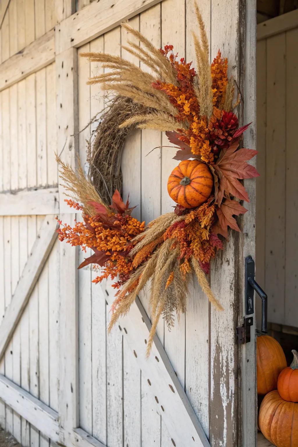 Embracing autumnal warmth with a harvest-themed wreath.
