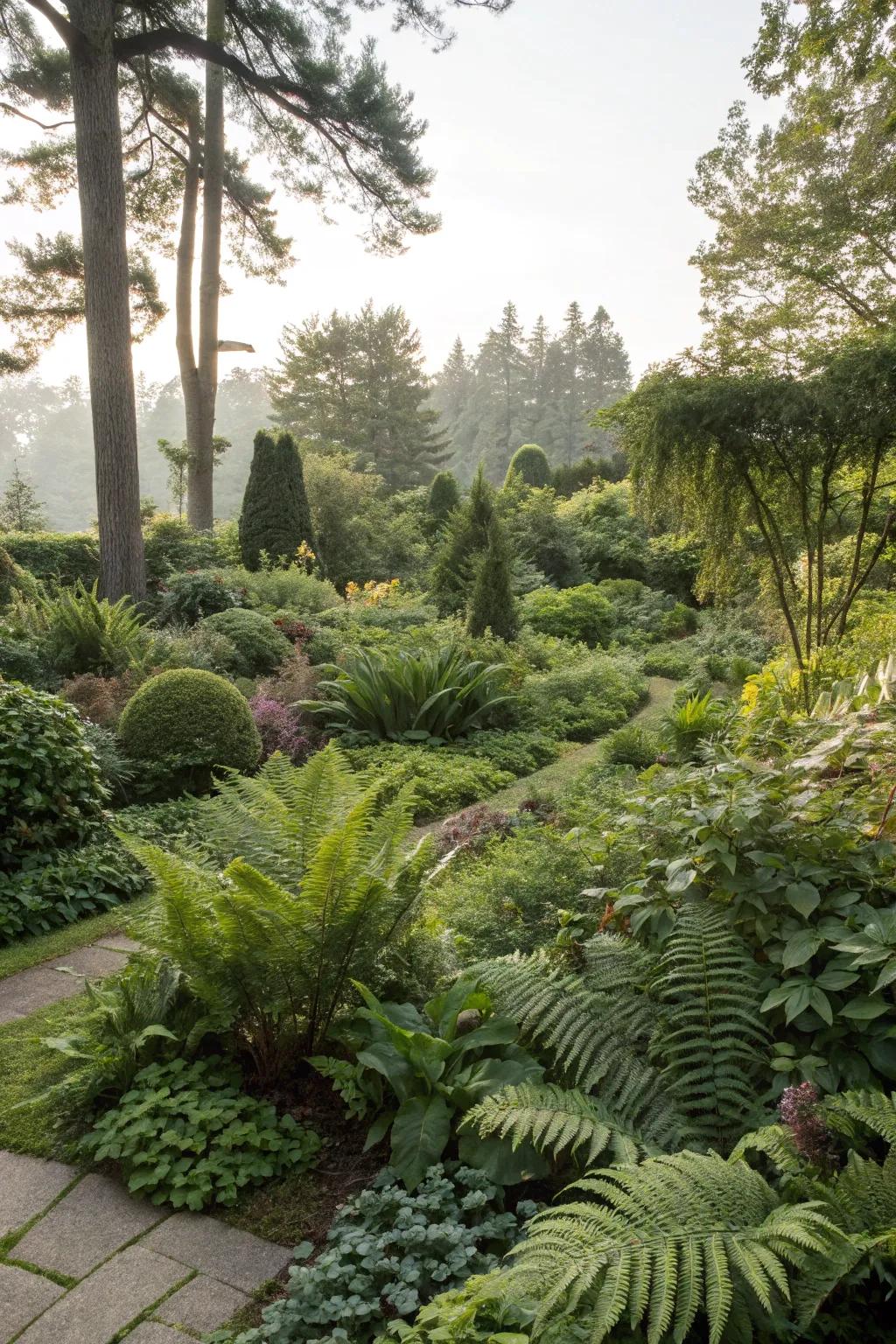 Lush plantings transporting you to a woodland environment.