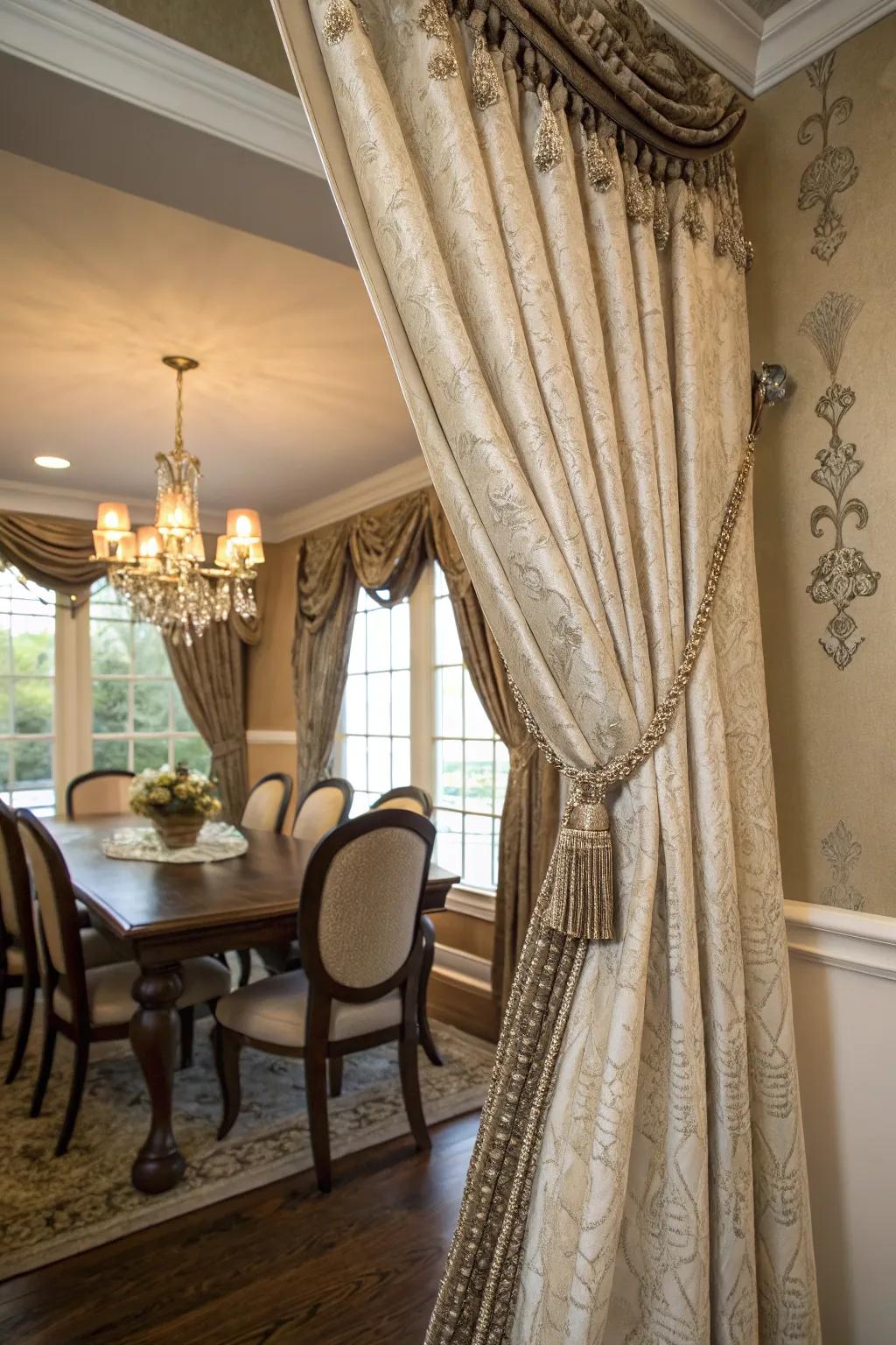 Decorative curtain hardware enhances the elegance of this dining room.