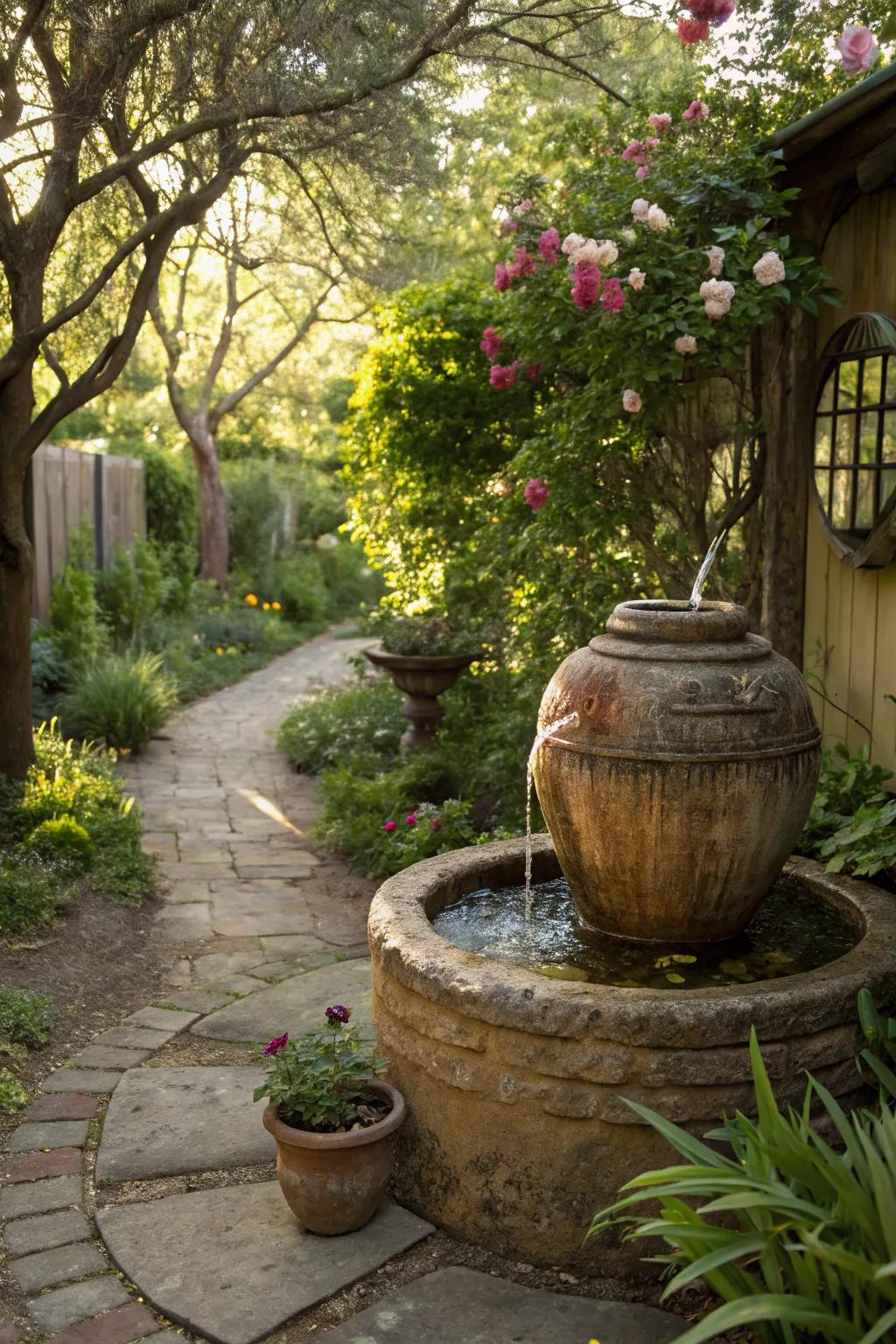 Capture rustic charm with a pottery fountain.