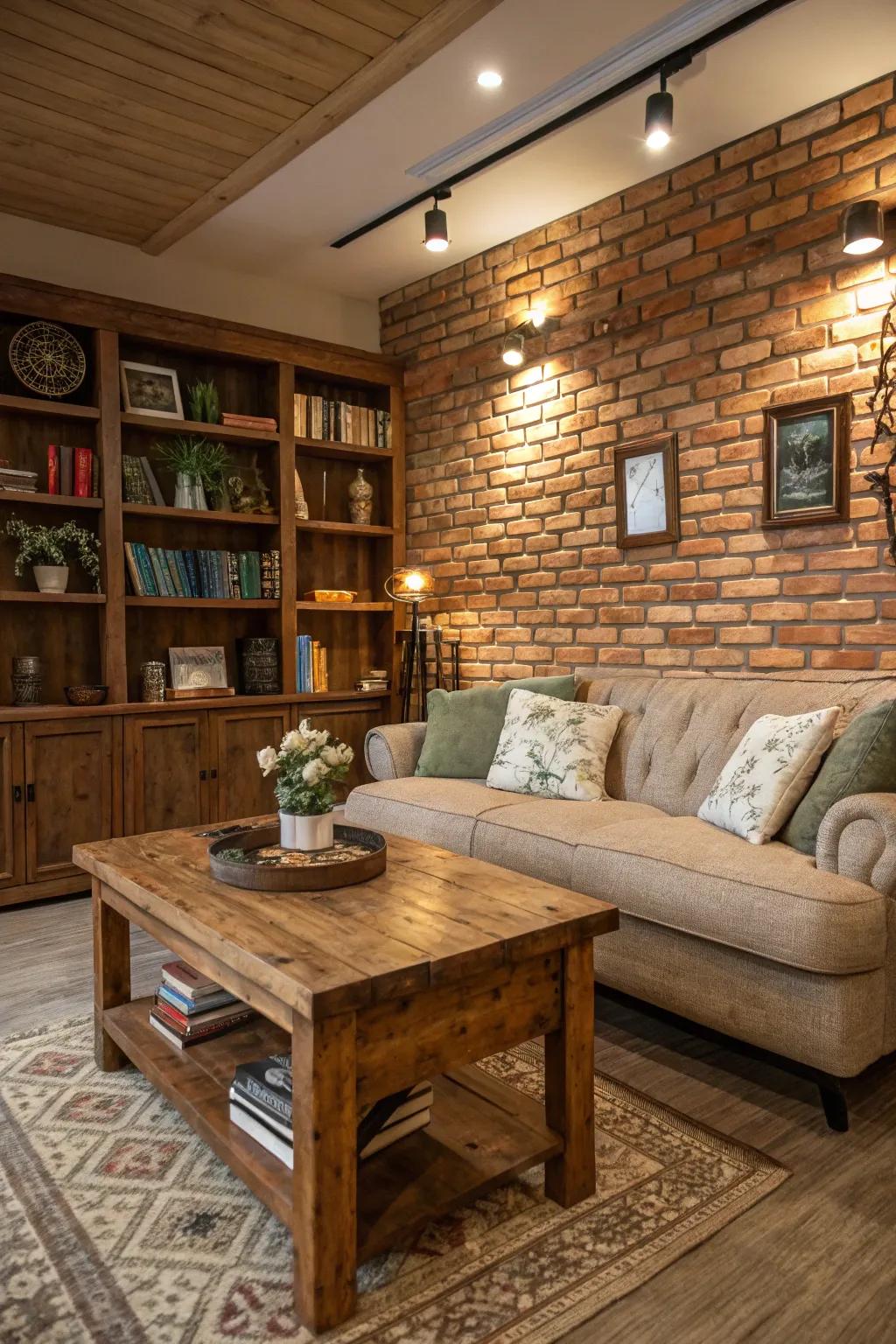 A cozy room showcasing a faux brick feature wall.