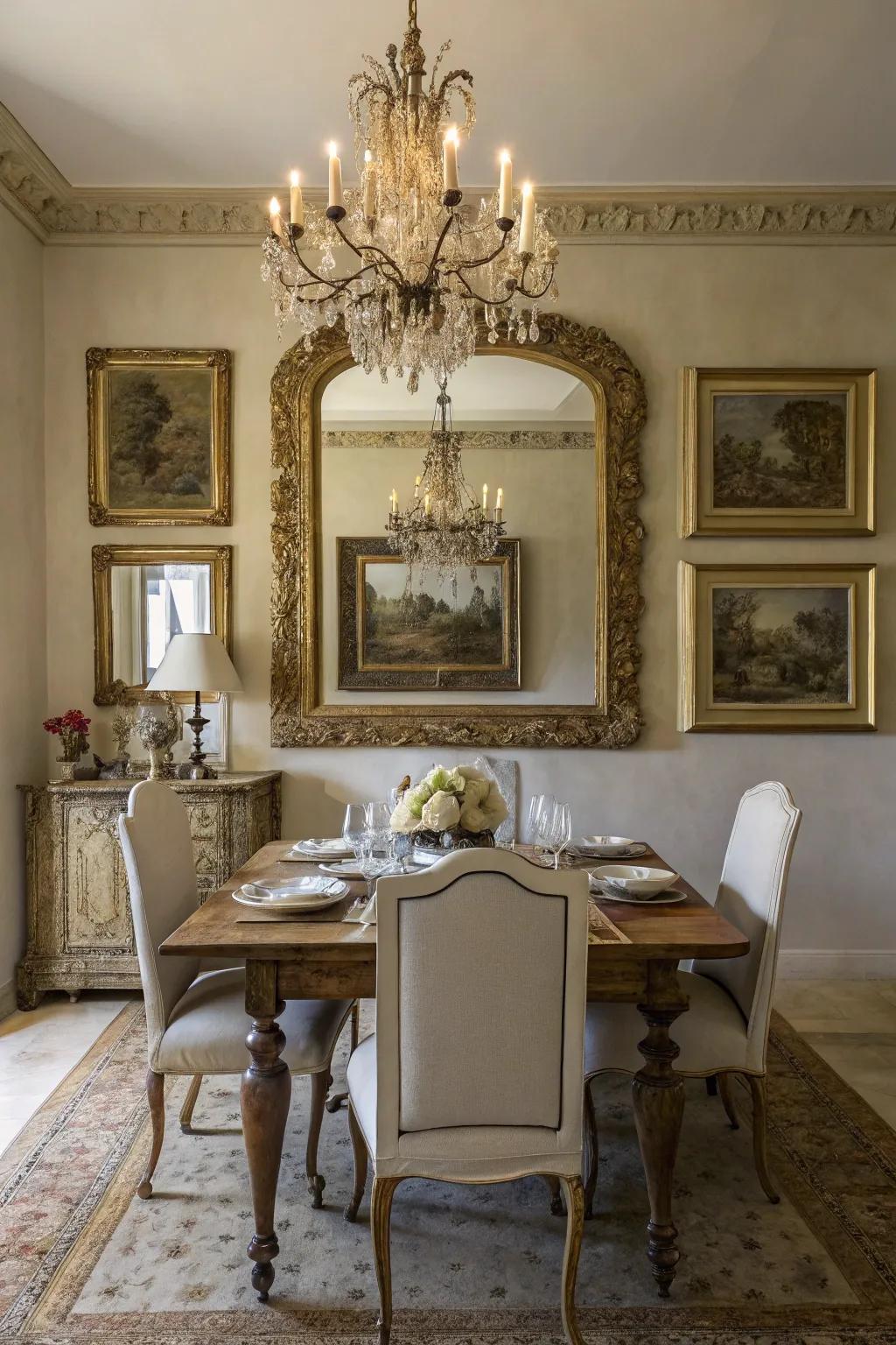 Looking glasses and artwork introduce dimension and sophistication to the space.