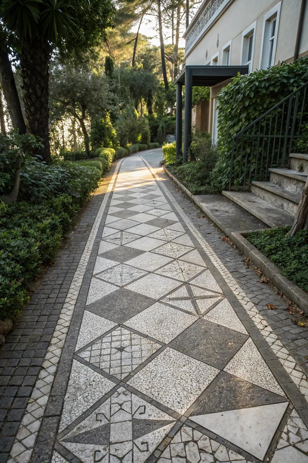 A fashionable walkway featuring a striking shaped paving stone design.