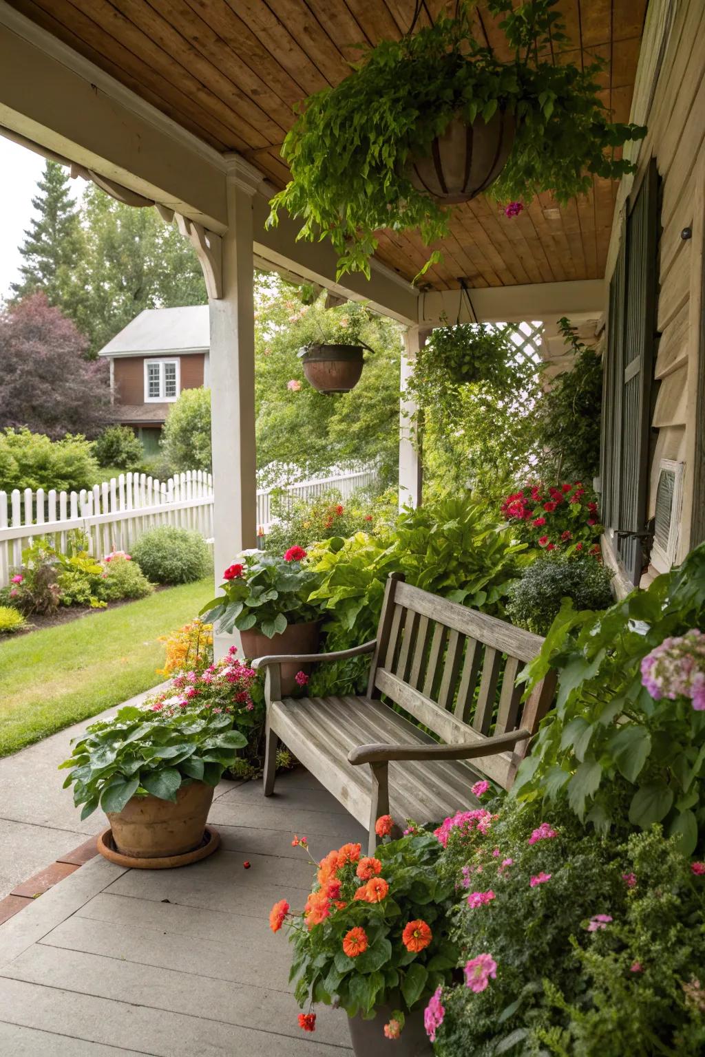 Greenery enhances the natural allure of any porch bench.