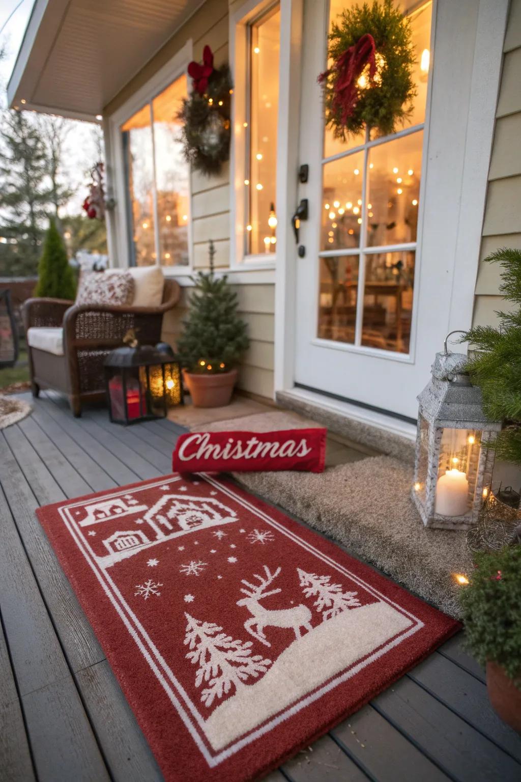 A seasonal floor covering salutes visitors possessing joyous cheer.
