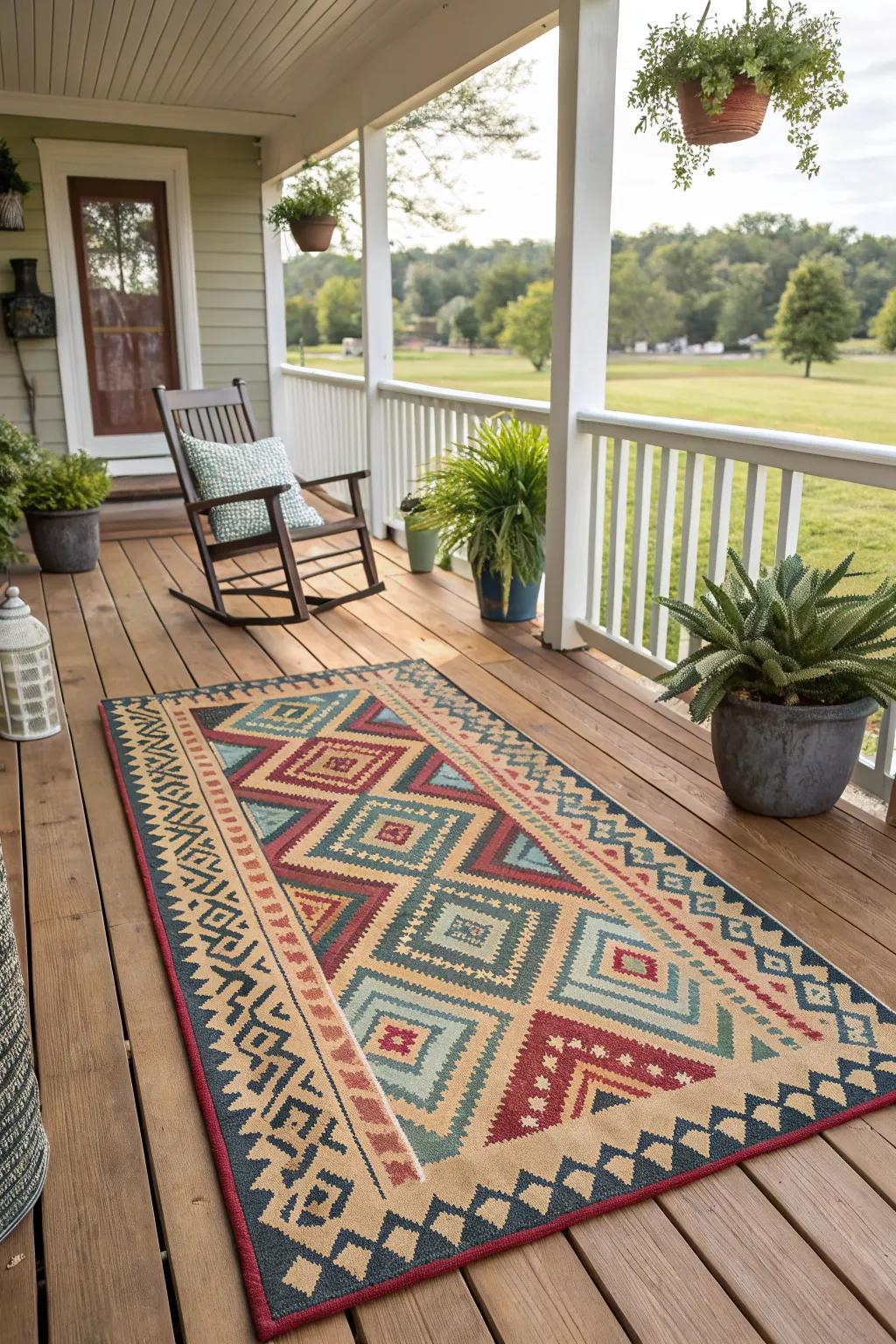 Exterior carpets append panache and delineate the area.