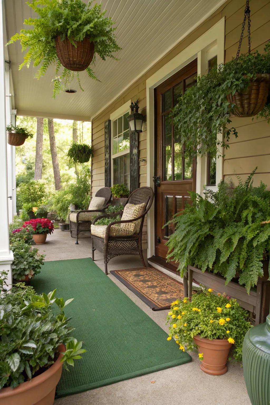 Plants and floor coverings blend to create a porch inspired by nature.