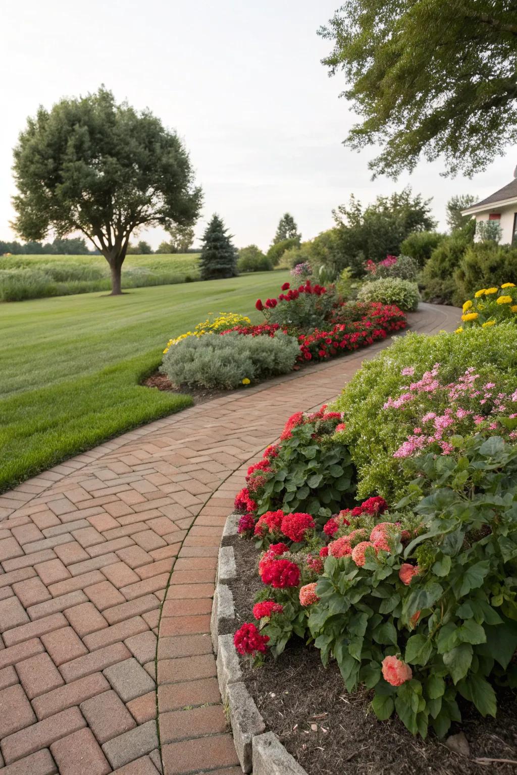Lush plantings breathe energy into brick paths.