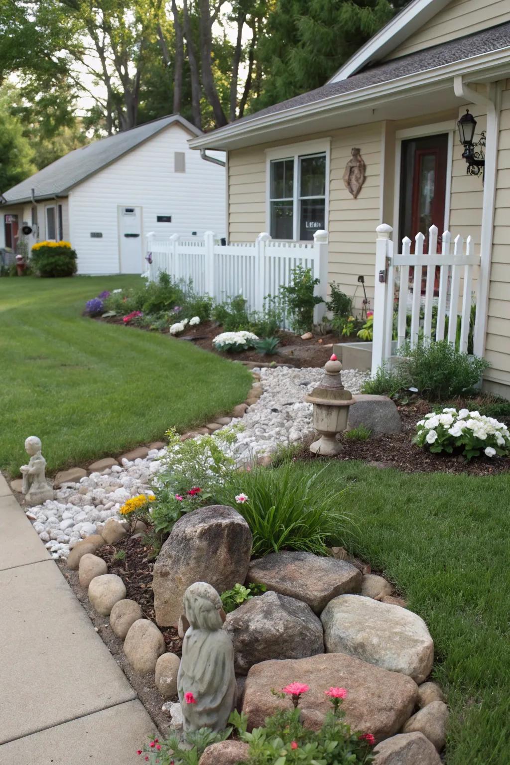 Garden highlights like stones add a touch of elegance and intrigue.