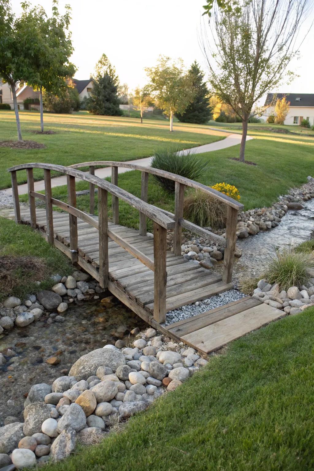 An ornamental crossing enriches the charm and functionality of your faux stream bed.