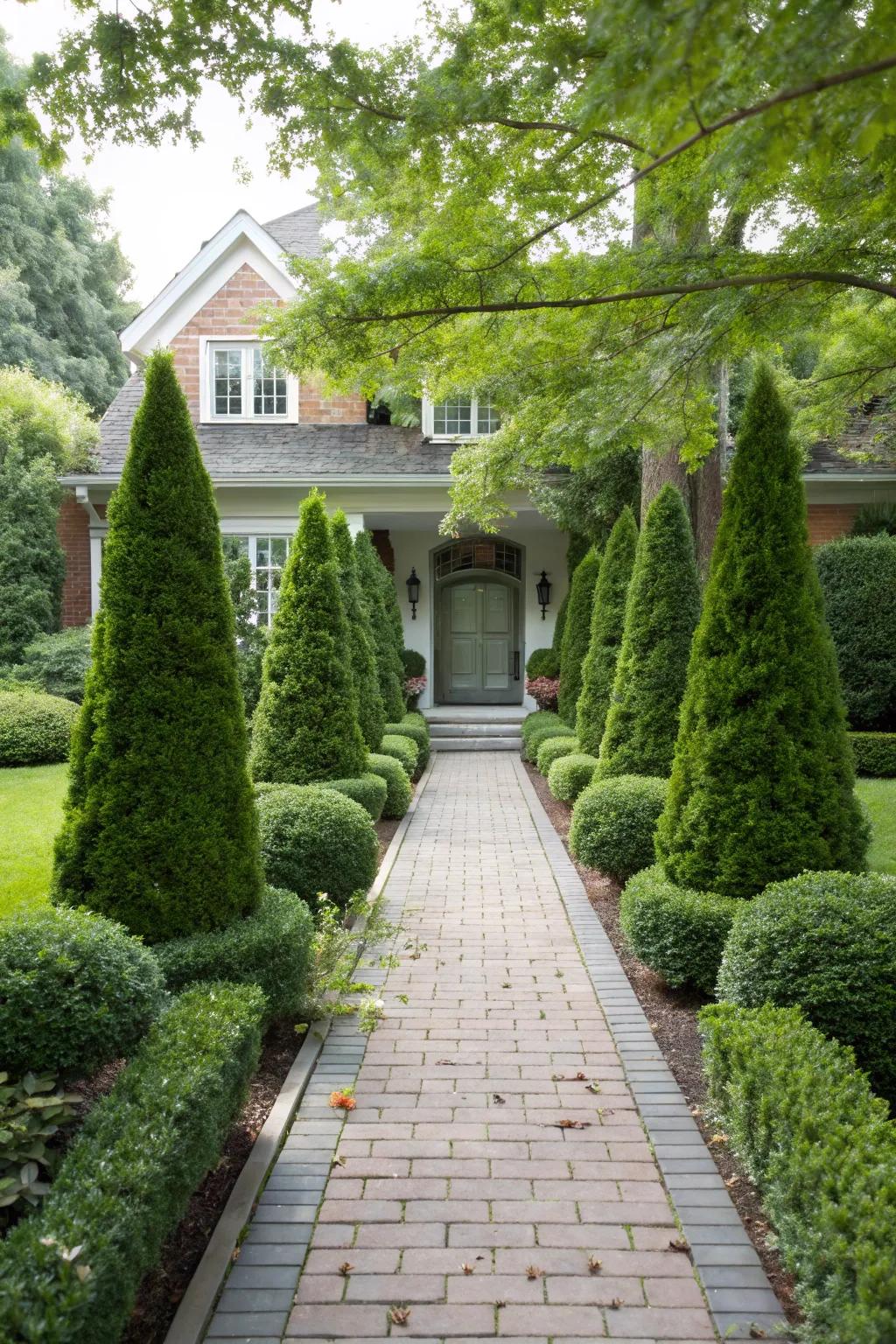 A formal entryway is created by symmetrical evergreens.