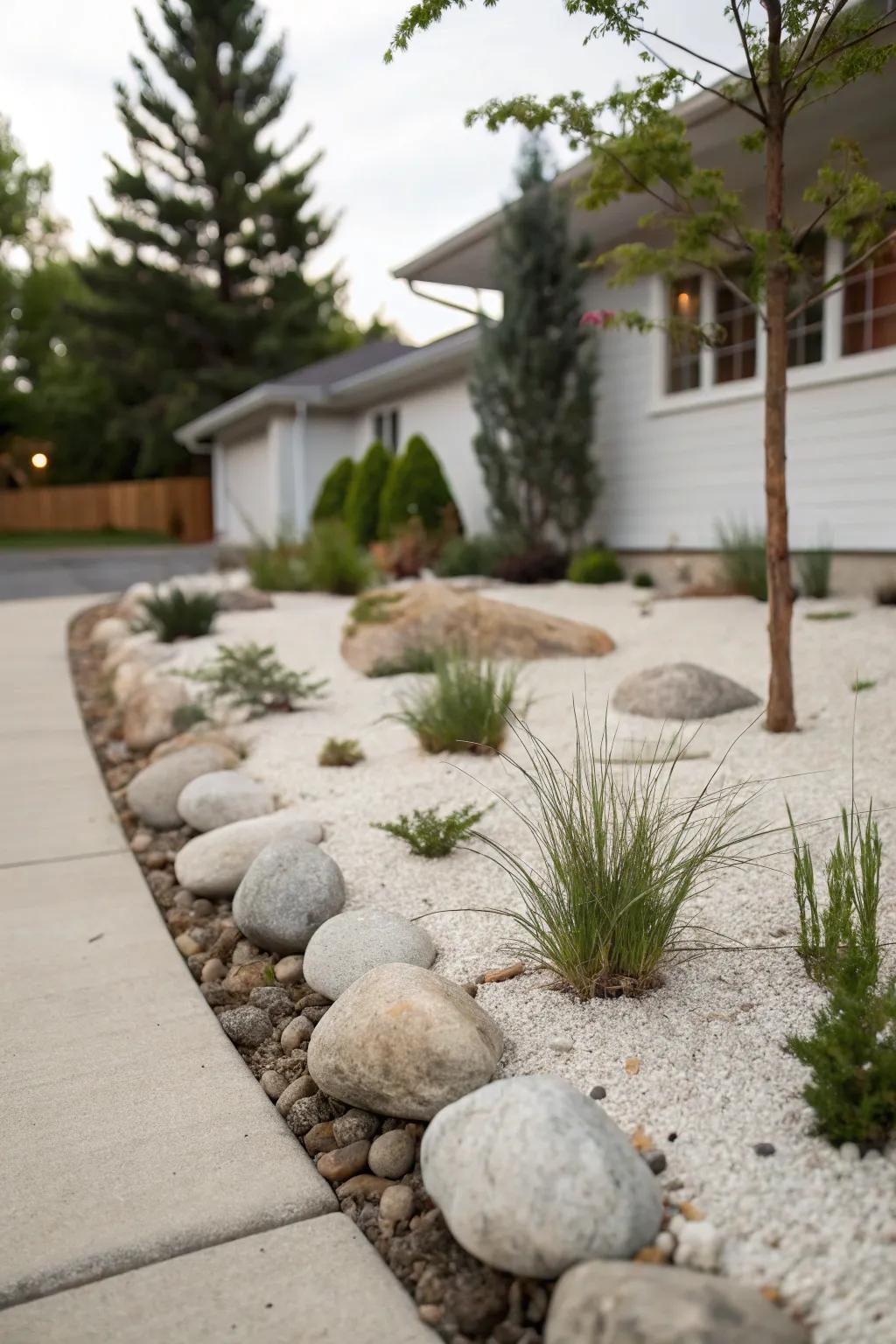 A minimalist stone garden with sparse planting, highlighting stones and arrangement.