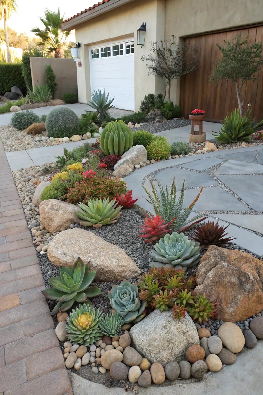 Succulents breathe vitality into a rock scenery effortlessly.
