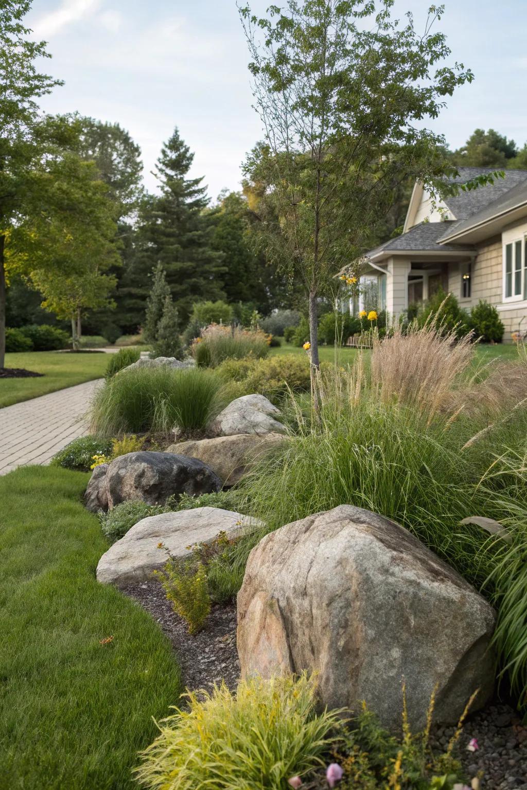 Layer plants alongside stones to develop an organic and textured landscape.