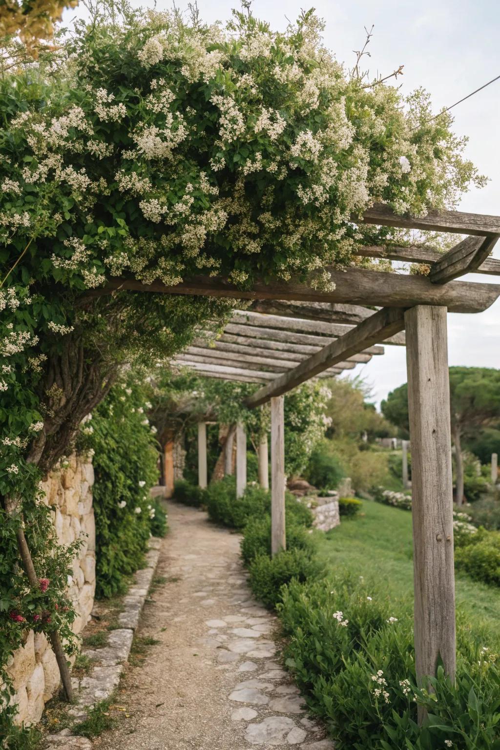 Climbing star jasmine creates a fragrant, vibrant canopy over this inviting space.