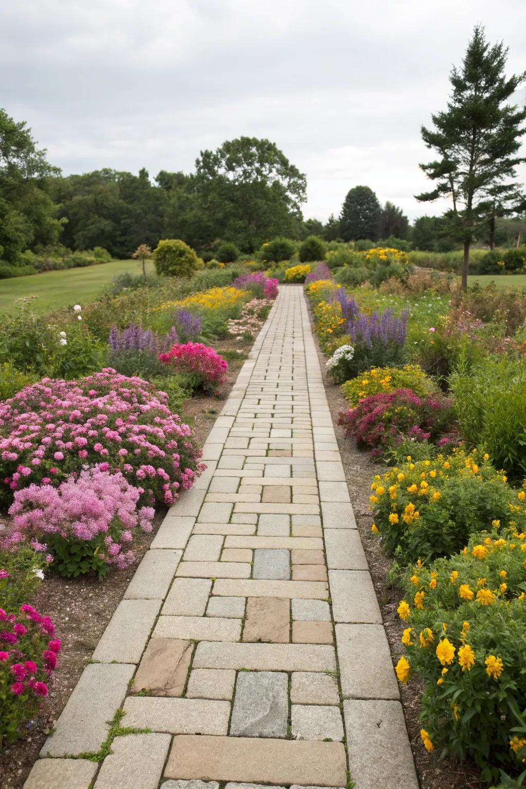 Flagstone routes meld seamlessly with vibrant gardens.