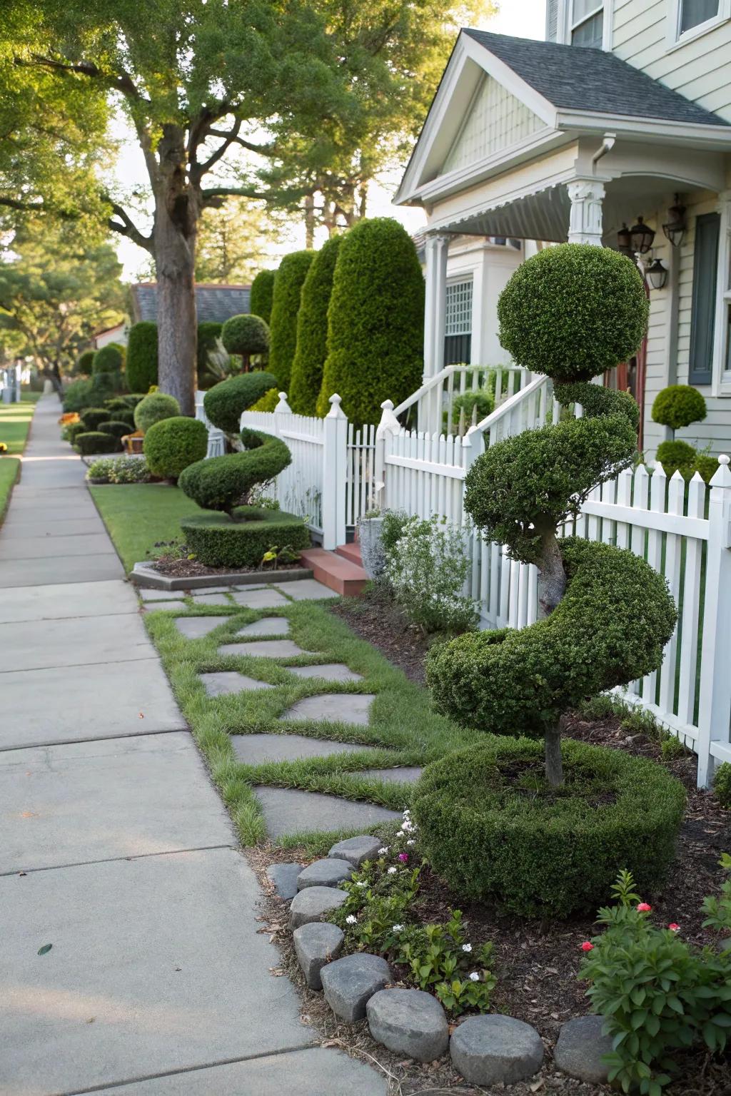 Topiary adds whimsy and artistic interest to a front yard.