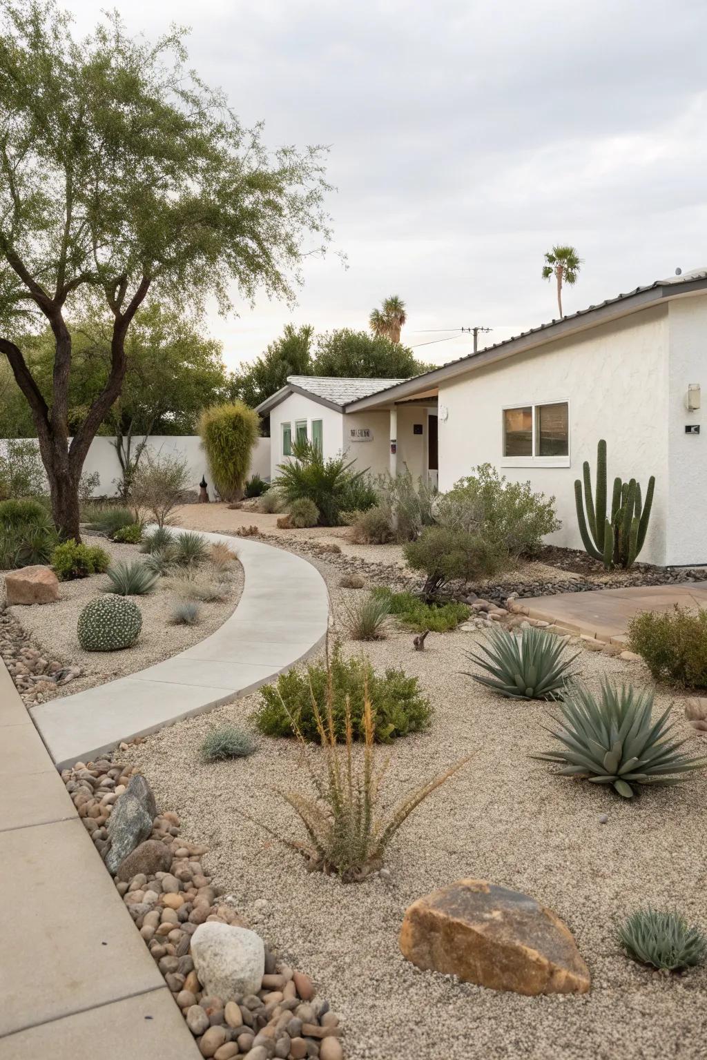 Minimalist design in xeriscaping highlights the importance of simplicity and serene ambiance.