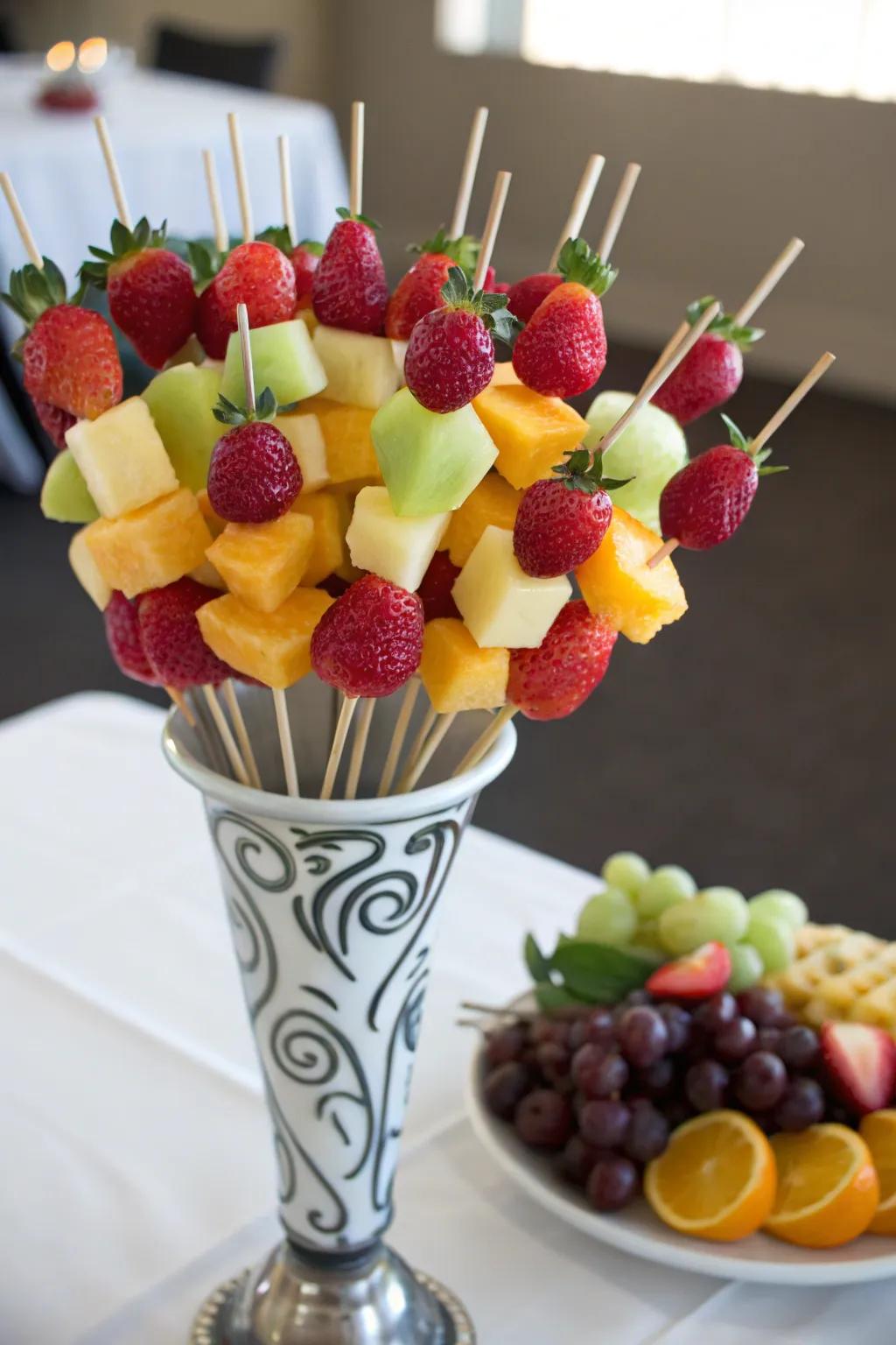 A captivating artisan fruit skewers display, ideal for informal social events.